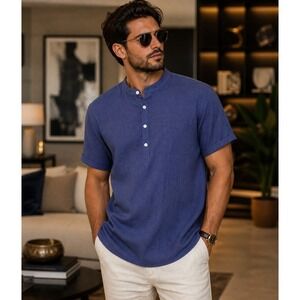 Men's Ouku Cotton Linen Mandarin Collar Shirt Blue Casual XXL Lightweight